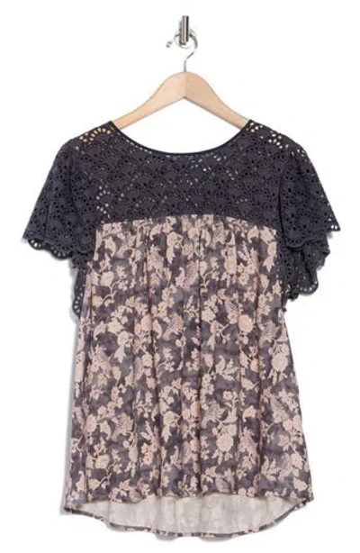 Dr2 By Daniel Rainn Embroidered Eyelet Yoke Babydoll Top In Navy