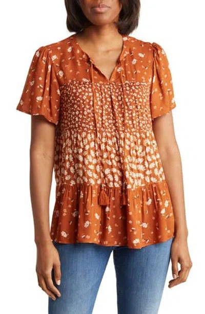 Dr2 By Daniel Rainn Floral Keyhole Tiered Peasant Top In Brown