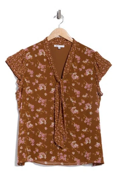 Dr2 By Daniel Rainn Floral Tie Neck Cap Sleeve Top In Brown