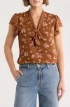 Dr2 By Daniel Rainn Floral Tie Neck Flutter Sleeve Top In Brown