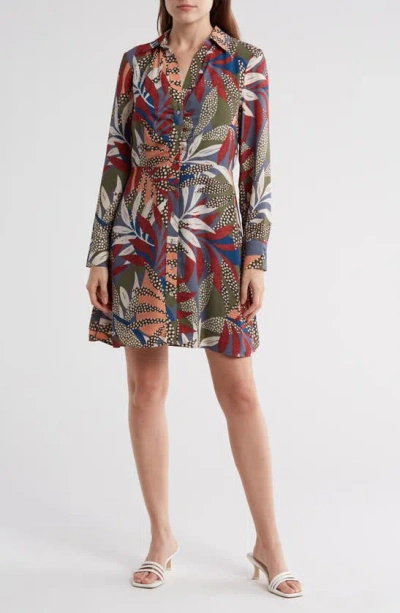 Dr2 By Daniel Rainn Gathered Front Long Sleeve Shirtdress In Blue Multi