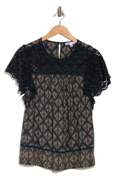 Dr2 By Daniel Rainn Knit Lace Printed Short Sleeve Top In Inkwell