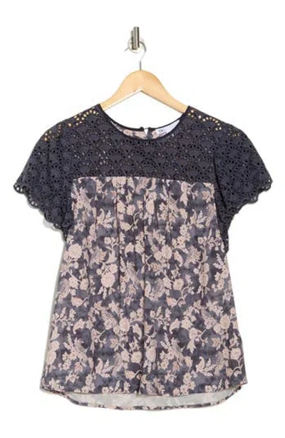 Dr2 By Daniel Rainn Knit Lace Printed Short Sleeve Top In Neutral