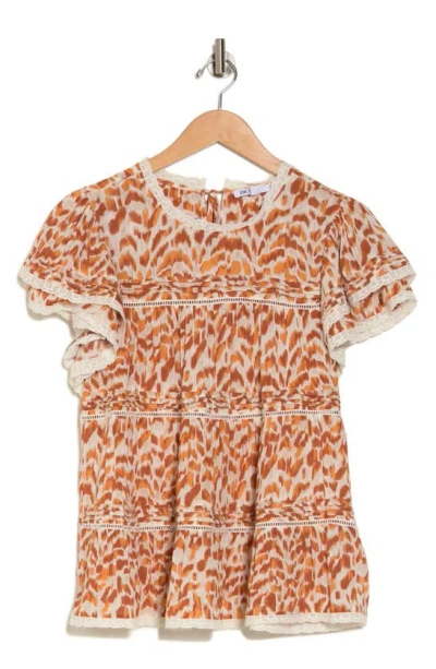 Dr2 By Daniel Rainn Lace Trim Ruffle Top In Ivory Orange Print