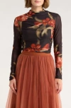 Dr2 By Daniel Rainn Long Sleeve Mesh Mock Neck Top In Multi