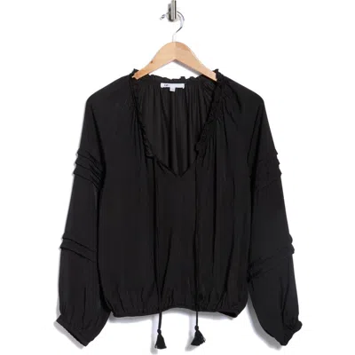 Dr2 By Daniel Rainn Long Sleeve Tie Front Satin Top In Black