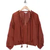 Dr2 By Daniel Rainn Long Sleeve Tie Front Satin Top In Brown