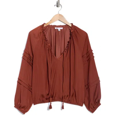 Dr2 By Daniel Rainn Long Sleeve Tie Front Satin Top In Brown
