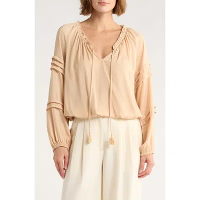 Dr2 By Daniel Rainn Long Sleeve Tie Front Satin Top In Gold