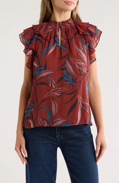 Dr2 By Daniel Rainn Mock Neck Ruffled Cap Sleeve Top