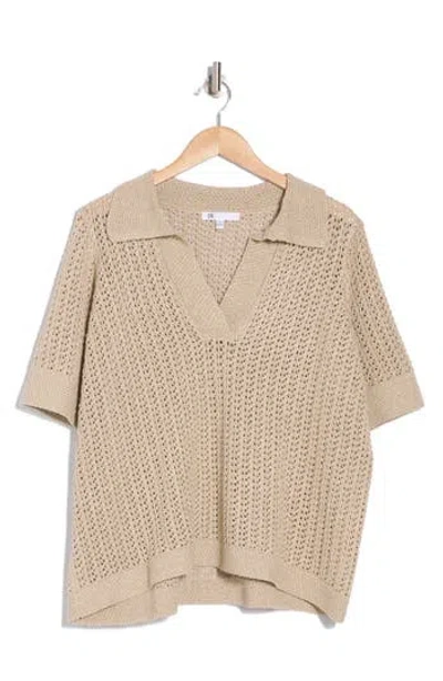 Dr2 By Daniel Rainn Open Stitch Polo Sweater In Matte Gold