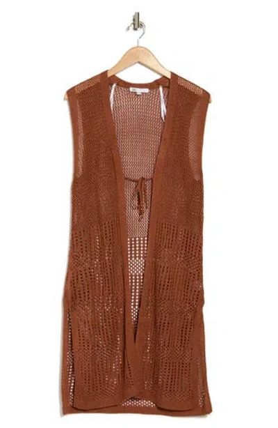 Dr2 By Daniel Rainn Pointelle & Open Knit Long Sweater Vest In Dark Clay