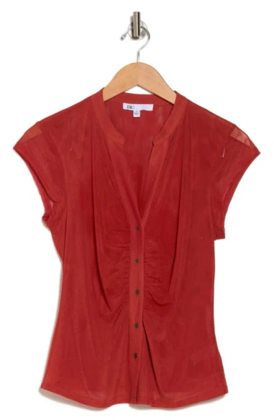 Dr2 By Daniel Rainn Ruched Mesh Button Front Shirt In Red Pepper