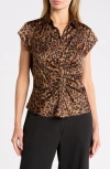 Dr2 By Daniel Rainn Ruched Satin Button-front Cap Sleeve Blouse In Brown