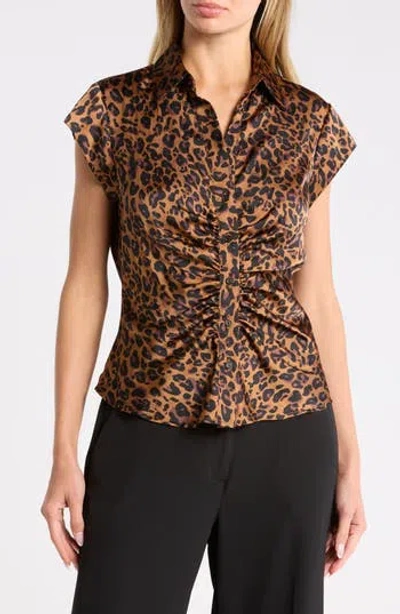 Dr2 By Daniel Rainn Ruched Satin Button-front Cap Sleeve Blouse In Brown