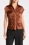 Dr2 By Daniel Rainn Ruched Satin Button-front Cap Sleeve Blouse In Brown