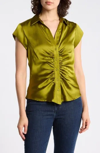 Dr2 By Daniel Rainn Ruched Satin Button-front Cap Sleeve Blouse In Golden Cypress Tcx