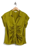 Dr2 By Daniel Rainn Ruched Satin Button-front Cap Sleeve Blouse In Green