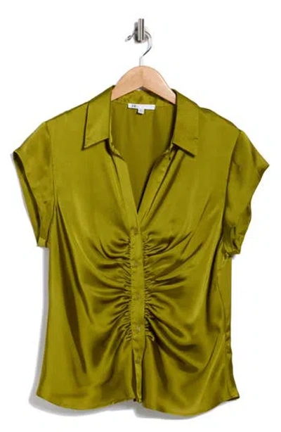 Dr2 By Daniel Rainn Ruched Satin Button-front Cap Sleeve Blouse In Green