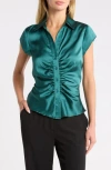 Dr2 By Daniel Rainn Ruched Satin Button-front Cap Sleeve Blouse In Green