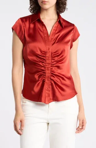 Dr2 By Daniel Rainn Ruched Satin Button-front Cap Sleeve Blouse In Ketchup Tcx