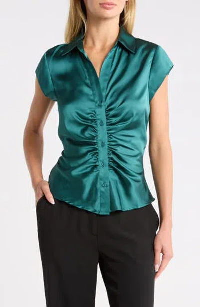 Dr2 By Daniel Rainn Ruched Satin Button-front Cap Sleeve Blouse In Mediterranea Tcx