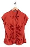 Dr2 By Daniel Rainn Ruched Satin Button-front Cap Sleeve Blouse In Red