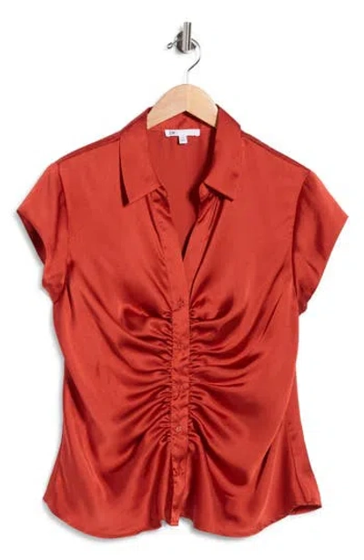 Dr2 By Daniel Rainn Ruched Satin Button-front Cap Sleeve Blouse In Red