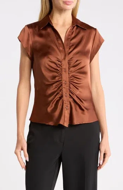 Dr2 By Daniel Rainn Ruched Satin Button-front Cap Sleeve Blouse In Tortoise Shell Tcx