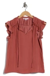 Dr2 By Daniel Rainn Satin Ruffle Split Neck Top In Blue