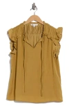 Dr2 By Daniel Rainn Satin Ruffle Split Neck Top In Brown