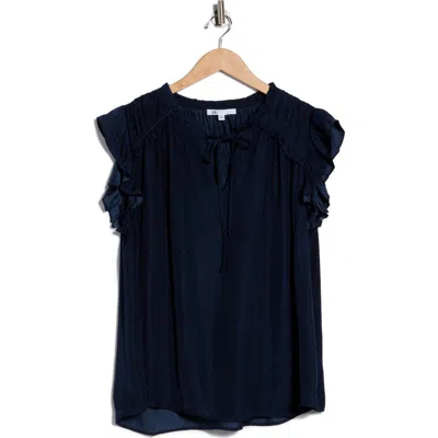 Dr2 By Daniel Rainn Satin Ruffle Split Neck Top In Blue