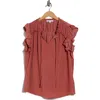 Dr2 By Daniel Rainn Satin Ruffle Split Neck Top In Burgundy