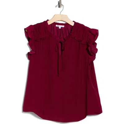 Dr2 By Daniel Rainn Satin Ruffle Split Neck Top In Gold