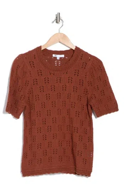 Dr2 By Daniel Rainn Scalloped Short Sleeve Pointelle Knit Sweater In Dark Clay