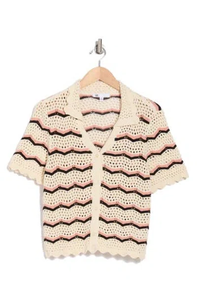 Dr2 By Daniel Rainn Scalloped Trim Short Sleeve Cardigan In Bone/pink