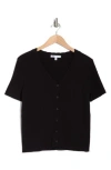 Dr2 By Daniel Rainn Scalloped V-neck Short Sleeve Ribbed Sweater In Black