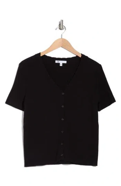 Dr2 By Daniel Rainn Scalloped V-neck Short Sleeve Ribbed Sweater In Black