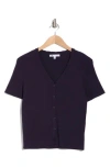 Dr2 By Daniel Rainn Scalloped V-neck Short Sleeve Ribbed Sweater In Dark Ink