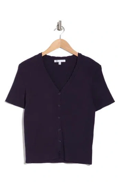 Dr2 By Daniel Rainn Scalloped V-neck Short Sleeve Ribbed Sweater In Dark Ink