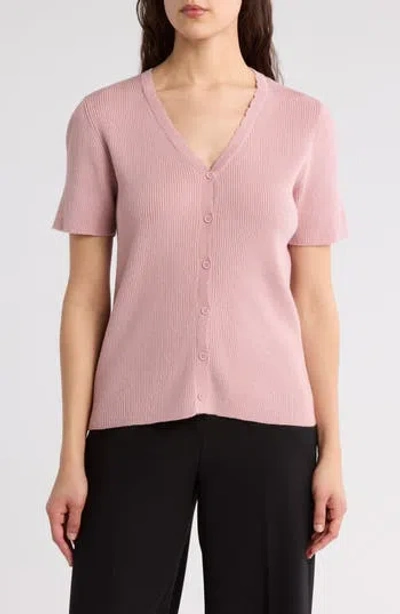 Dr2 By Daniel Rainn Scalloped V-neck Short Sleeve Ribbed Sweater In Petal Pink