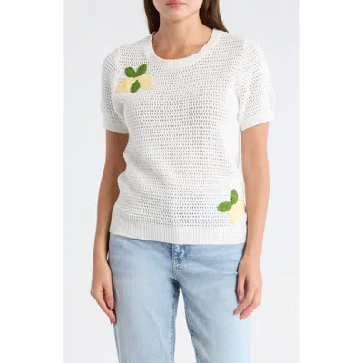 Dr2 By Daniel Rainn Short Sleeve Lemon Open Stitch Sweater In White