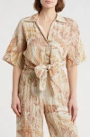 Dr2 By Daniel Rainn Short Sleeve Tie Front Top In Gold