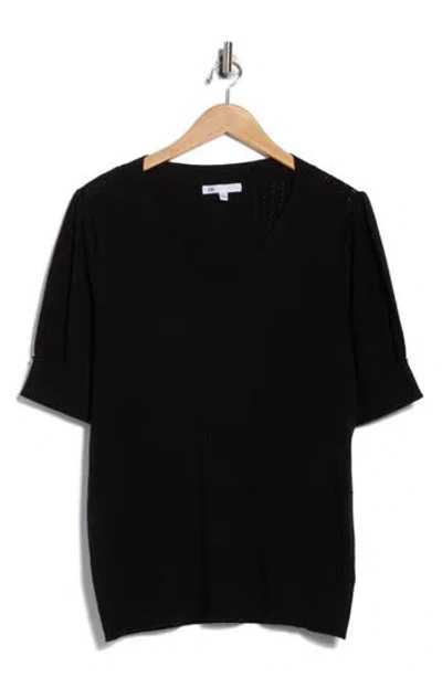 Dr2 By Daniel Rainn V-neck Short Sleeve Pointelle Sweater In Black