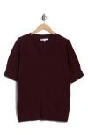 Dr2 By Daniel Rainn V-neck Short Sleeve Pointelle Sweater In Burgundy
