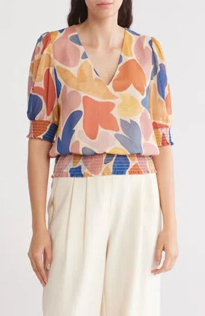 Dr2 By Daniel Rainn V-neck Smocked Waist Top In Multi
