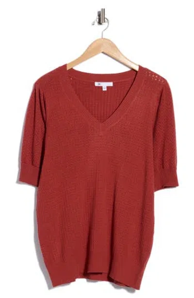 Dr2 By Daniel Rainn V-neck Short Sleeve Pointelle Sweater In Burgundy