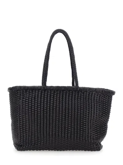 Dragon Diffusion Black Handbag With Interwoven Design And Two Top Handles In Leather Woman