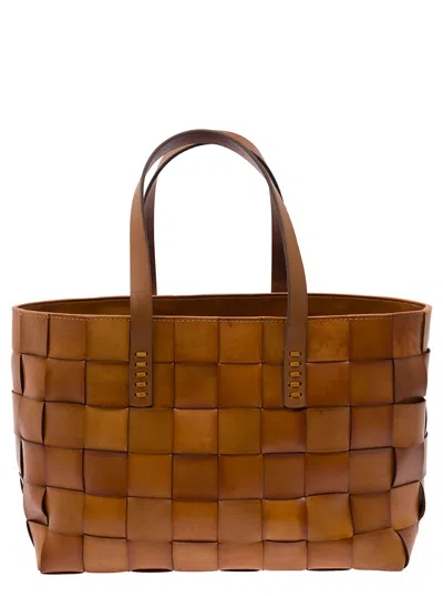 Dragon Diffusion Brown Tote Bag With Double Handle In Woven Leather