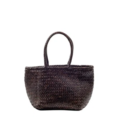 Dragon Diffusion Grace Black Shoulder Bag With Two Top Handles And Interwoven Design In Leather Woma In Brown